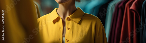 Woman wearing yellow shirt in the clothes store. Generative Ai
