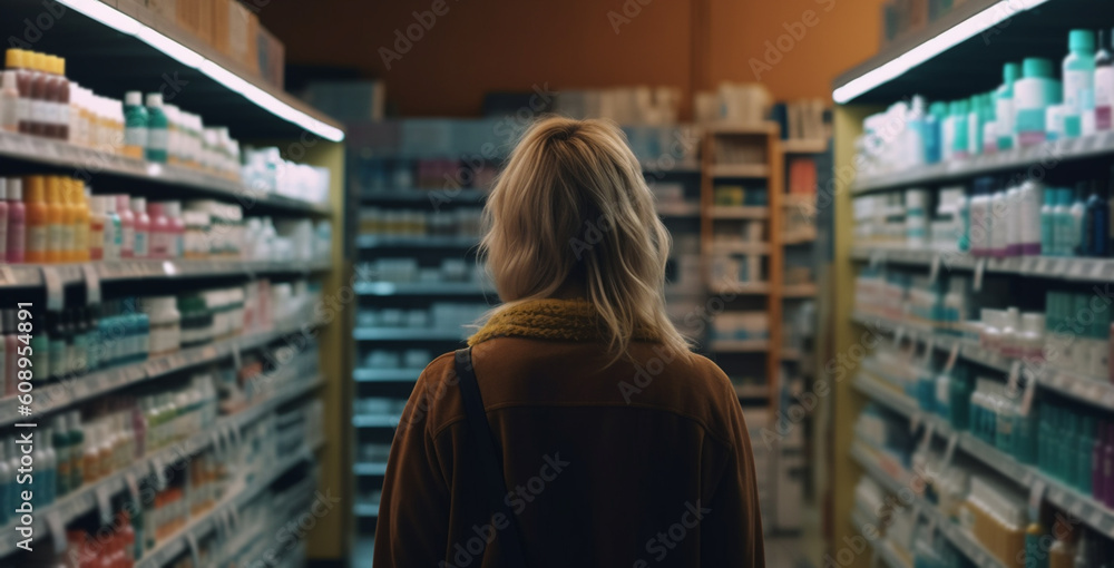 Back view of woman in drugstore. Generative Ai Back view of woman in drugstore. Generative Ai
