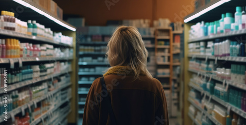 Back view of woman in drugstore. Generative Ai