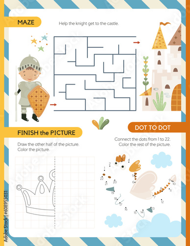 Activity page for kids - maze, finish the picture, dot to dot. Game set worksheet with knights, dragon, castle. Vector illustration.