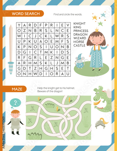 Activity page for kids – maze, word search. Game set worksheet with knight theme – knights, dragon, helmet, princess. Vector illustration.