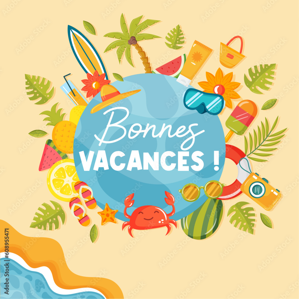 Bonnes vacances - Titre et illustrations vectorielles éditables colorées qui illustrent les grandes vacances, la mer et des accessoires ainsi que des activités balnéaires ludiques pour la famille