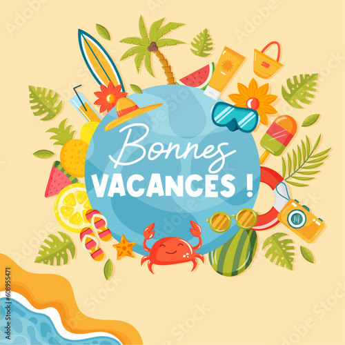 Bonnes vacances - Titre et illustrations vectorielles éditables colorées qui illustrent les grandes vacances, la mer et des accessoires ainsi que des activités balnéaires ludiques pour la famille