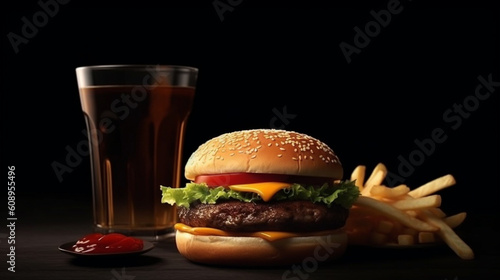 A hamburger and a glass of beer are shown.generative ai