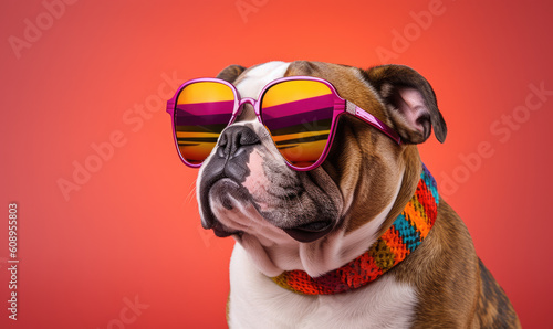 A cyberpunk Pitbull dog wearing sunglasses and dressed in neon-colored clothes, exudes a futuristic vibe. © STORYTELLER AI