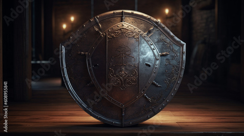 Medieval shield on the dark background. Generative Ai