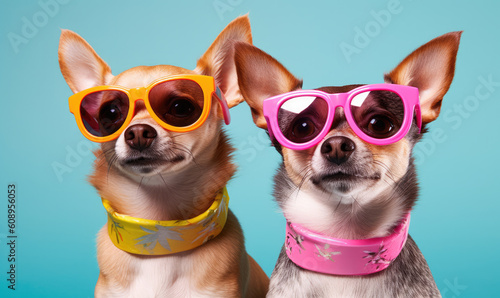  Chihuahuas wearing a vibrant sunglasses stands against a backdrop in studio setting.. © STORYTELLER AI