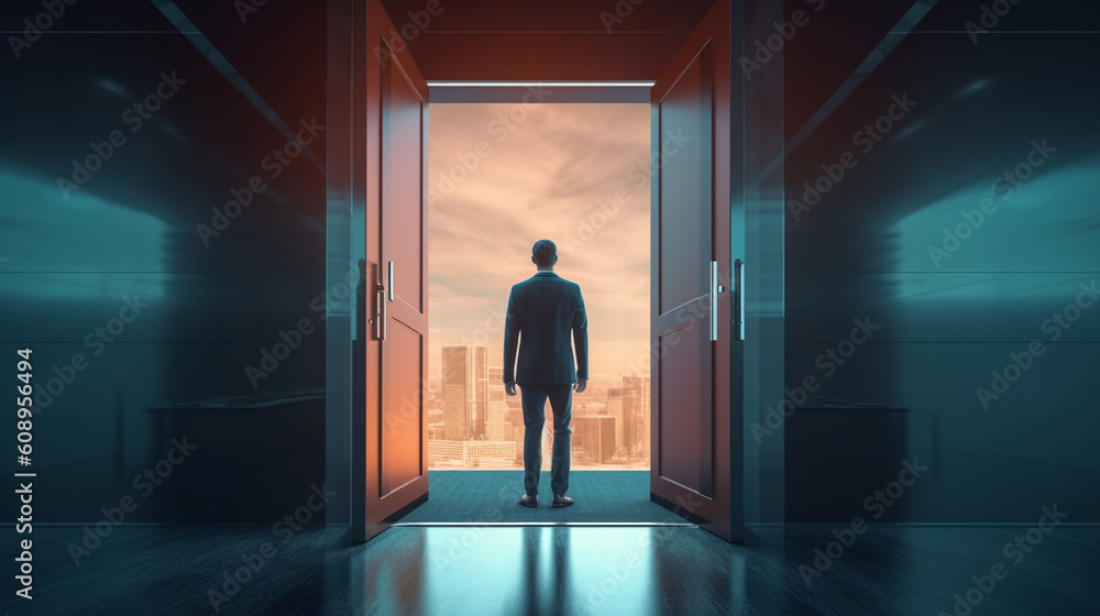 A man stands in front of a door that says'the door to the city 'generative ai