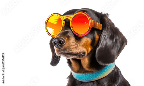A cyberpunk Dachshund dog wearing colourful sunglasses ina studio set up