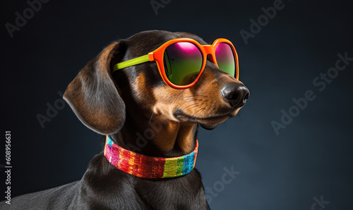 A cyberpunk Dachshund dog wearing colourful sunglasses ina studio set up