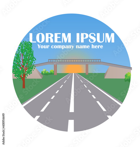 Vector image for road construction company logo and design elements. The highway and the road junction with a bridge framed in a round shape.  Design concept. Isolated on white background.