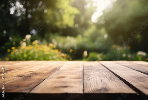 Wooden Table Top with Blurred Summer Garden with Flowers and Trees Bokeh Background. Banner with Empty Space for Product Display. Generative AI.