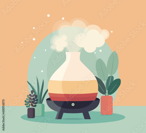 Electric essential oil diffuser with houseplants, air humidifier for home, flat design, clipart, aromatherapy concept