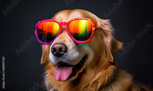 A cyberpunk Golden retriever dog wearing neon sunglasses .