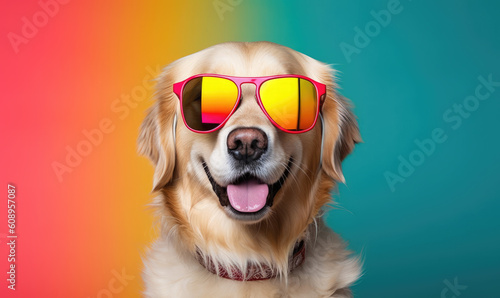 A cyberpunk Golden retriever dog wearing neon sunglasses .