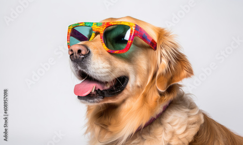 A cyberpunk Golden retriever dog wearing neon sunglasses .