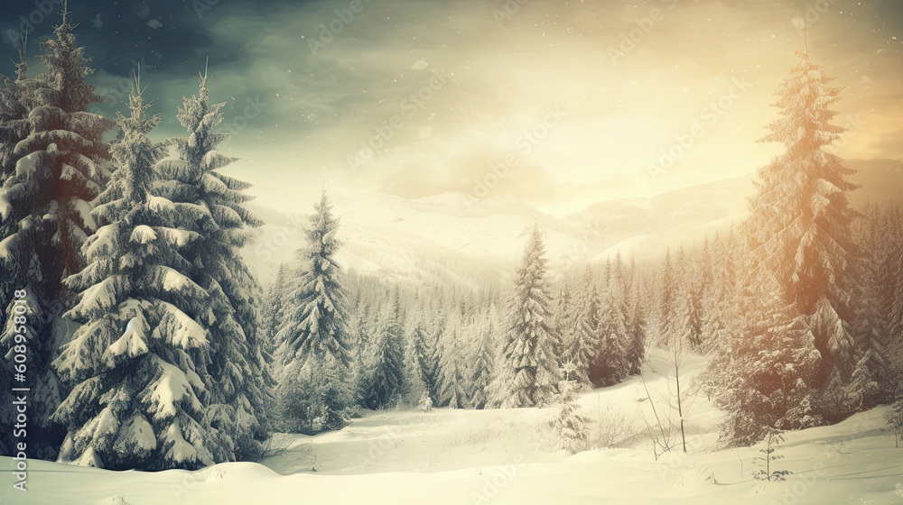 Vintage Christmas wallpaper, Winter landscape with snow and trees AI generative	
