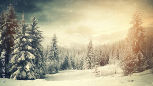 Vintage Christmas wallpaper, Winter landscape with snow and trees AI generative 