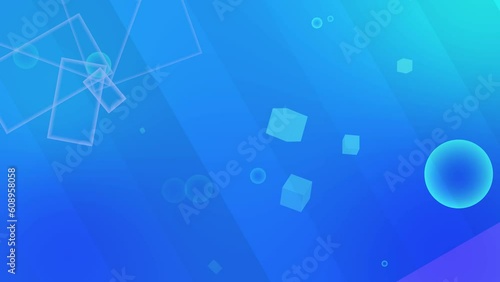 幾何学模様が軽やかにスピンしながら動くパーティクル、 ブルー背景で 抽象的