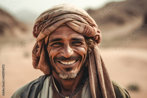 A portrait of a smiling Muslim man. Created with Generative AI technology.