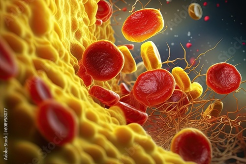 Illustration showing erythrocytes and cholesterol cells in blood vessel Generative AI photo