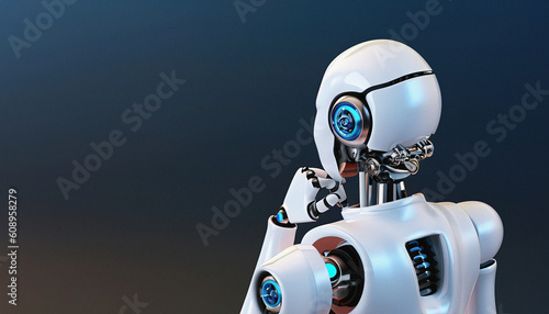 3D Rendering of a cyborg Robot analyzing in a Black Background with Copy Space Concept of Artificial Intelligence and Problem Solving, humanoid, smart, intelligent, futuristic robot, digital design.