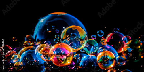 Flying soap bubbles isolated on black background. Ai generated