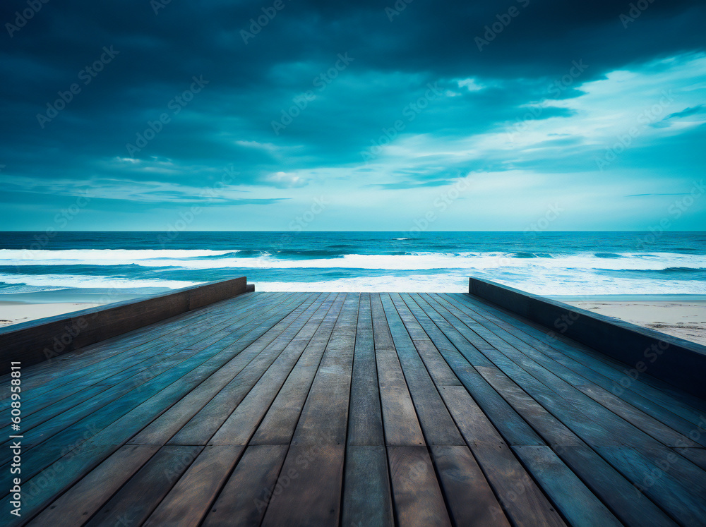 an outdoor wooden deck on a beach to the blue sky