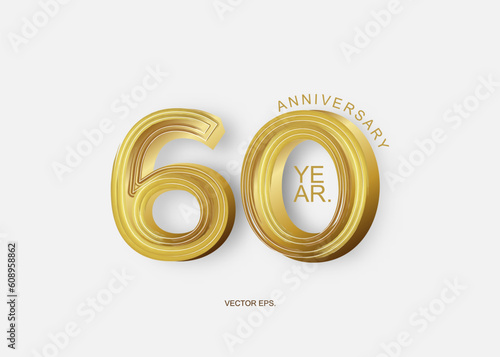 60th Anniversary celebration. Golden numbers, Vector festive illustration. Realistic 3d sign. Party event decoration, set of anniversary logotype style with handwriting golden color