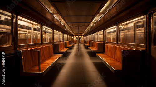 A subway car filled with lots of wooden benches, illustration, Generative AI