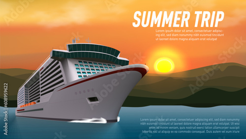 White Cruise Liner On Sea Or Ocean. Travel Concept