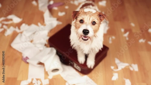 Funny, active naughty dog after biting, chewing a toilet paper at home. Dog mischief, urban puppy training or separation anxiety. photo