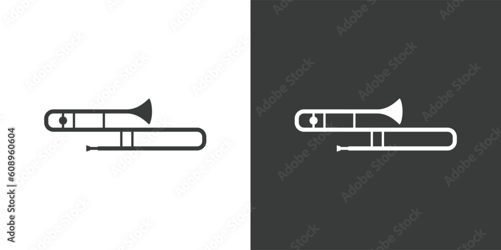Trombone flat web icon. Tenor trombone logo design. Brass instrument simple trombone sign silhouette icon with invert color. Trombone solid black icon vector design. Musical instruments concept Trombone flat web icon. Tenor trombone logo design. Brass instrument simple trombone sign silhouette icon with invert color. Trombone solid black icon vector design. Musical instruments concept