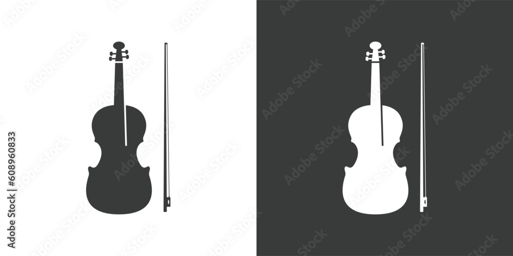 Fototapeta premium Violin flat web icon. Violin logo design. String instrument simple violin and bow sign silhouette icon with invert color. Violin solid black icon vector design. Musical instruments concept