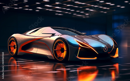 Future concept car, The body design is a testament to its beauty, elegance, and utmost modernity, with a futuristic form that embodies minimalism. Generative AI