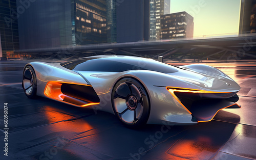 Future concept car, This vehicle's body design showcases a stunning combination of beauty, elegance, and a highly contemporary aesthetic, incorporating a futuristic form influenced by    Generative AI © omune