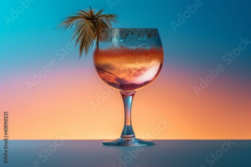A cocktail glass with drink and a small palm tree on romantic blurry sunny background. Cute concept for summer holidays in exotic destination. Illustration. Generative AI © Miss V