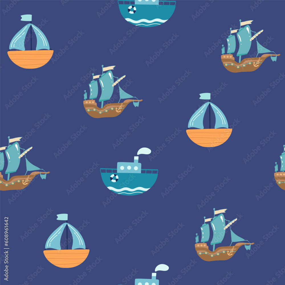 Pirate sea flat vector seamless pattern. Sailing backdrop. Anchor, map ...
