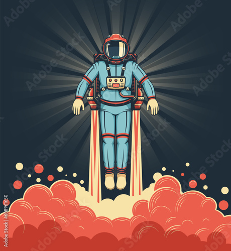 Astronaut in spacesuit with jetpack takes off amidst clouds of smoke. Vector retro illustration. Comics style.