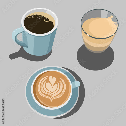 Vector illustration of three different coffee: cappuccino, latte and americano
