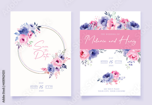 Wedding vector floral invitation, invite invitation thank you, rsvp card watercolor design set: garden flower pink blue lilac peach Rose