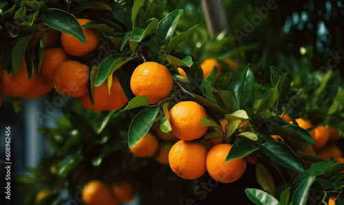 Fresh oranges in forest. Organic oranges. Evening sunlight. Nature in summer season,.