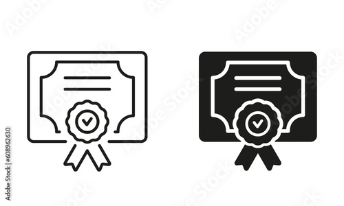 Diploma Silhouette and Line Icon Set. Certificate with License Badge Black Sign. Winner Medal Pictogram. The Award, Grant, Diploma Symbol Collection. Isolated Vector Illustration