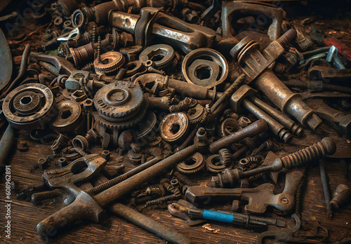 various wrenches and pliers on the rustic background