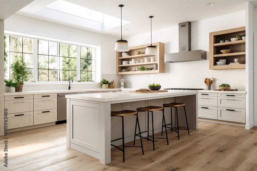 Bright, Spacious and Modern Farmhouse Style Kitchen Created with Generative AI Bright, Spacious and Modern Farmhouse Style Kitchen Created with Generative AI