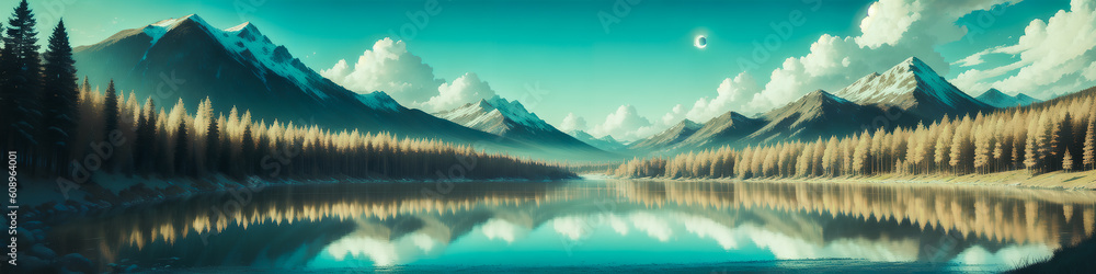 A Mountain Landscape with a Surrounding Lake. Trees and Rocks. Generative AI