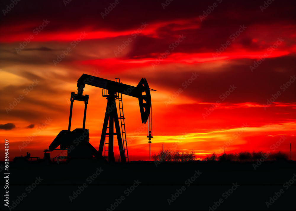 an oil pump silhouetted against a red sunset