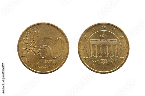 Fifty cent euro coin of Germany dated 2002 a German currency showing the Brandenburg Gate in Berlin on the reverse, stock photo png file cut out and isolated on a transparent background