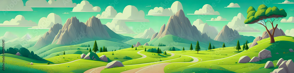 Obraz premium A Mountain Landscape with Surrounding Rocks. Abundant Greenery. Blue Sky. Enchanting Atmosphere. Generative AI