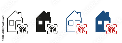 Real Estate Security Line and Silhouette Icon Set. House Building with Biometric Identification Symbol Collection. Safe Smart Home with Fingerprint Pictogram. Isolated Vector Illustration